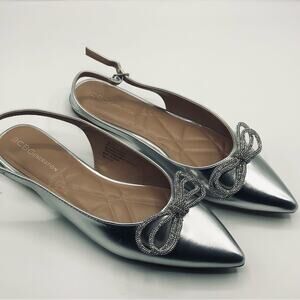 BCBGeneration  Women's Silver Bow Sling BuckleStrap Closure Kristin Flat Sz 7